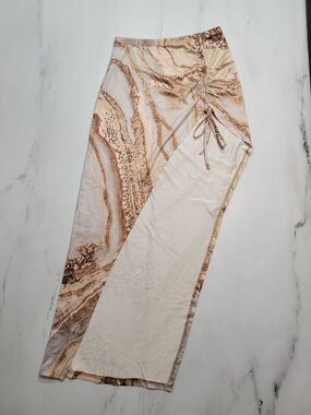 Neutral Marble-Print Maxi Skirt with Side Drawstring